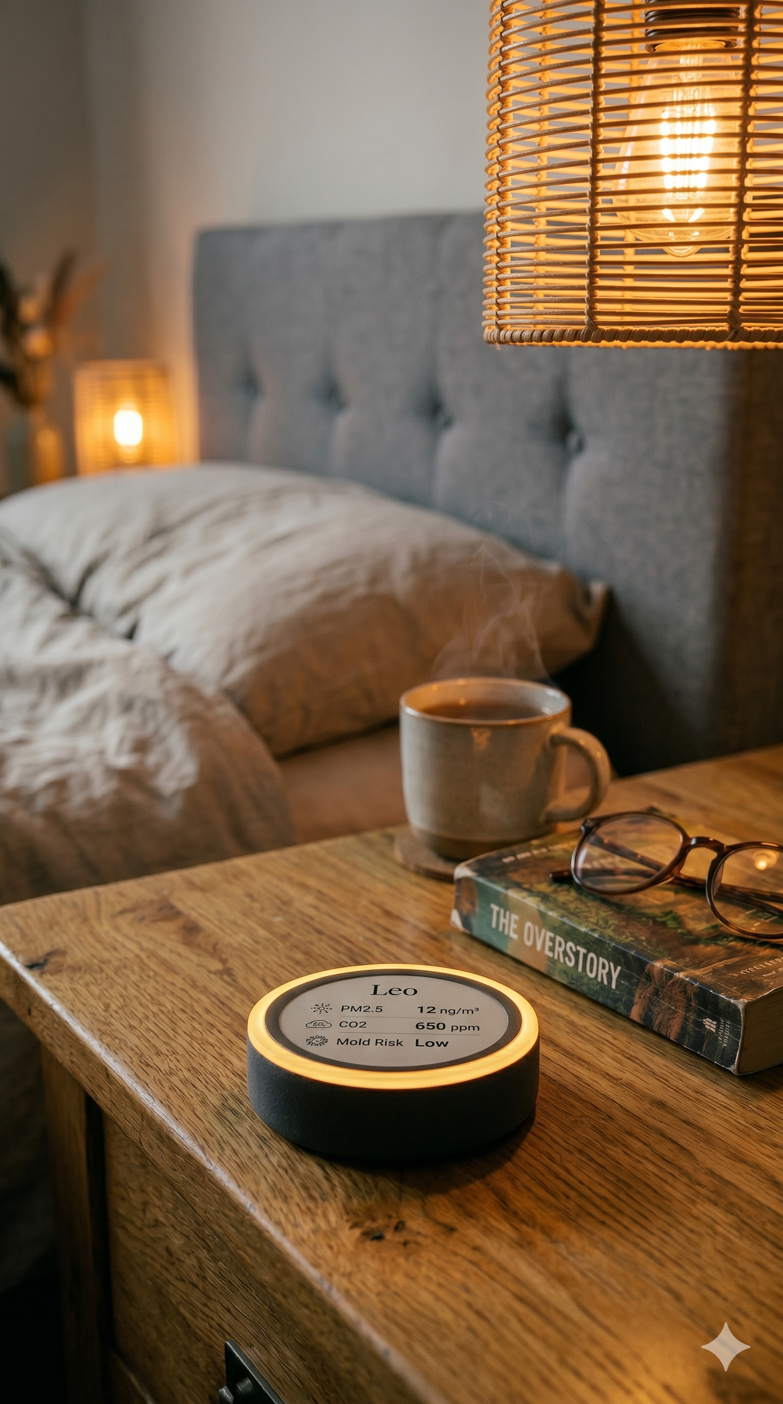 Leo sensor on a bedside table beside a mug, glasses, and a book in soft lamp-light